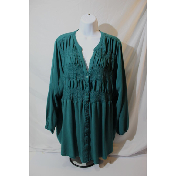 Torrid Button-up Babydoll Smocked Tunic Top Women's 2 Green Button-up V-neck - Picture 3 of 12